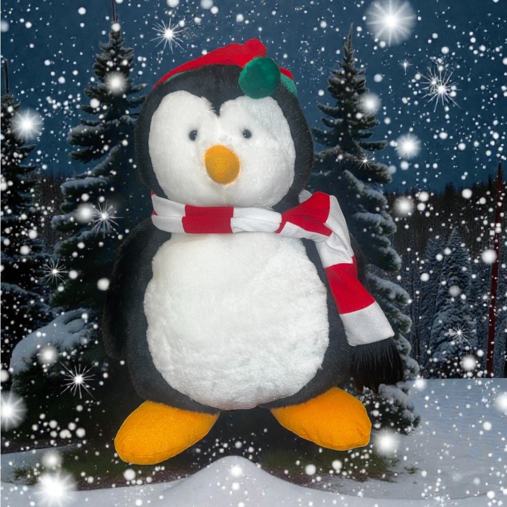 Festive Penguin Plush with Scarf and Hat NWOT